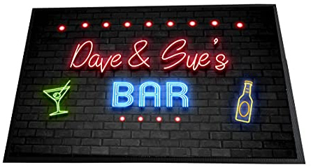 Personalised 80's neon effect Cocktail Bar printed Door mat 60 x 40cm, non slip base indoor home bar door mat