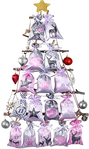 PANSIBY Adventskalender zum Befüllen, Weihnachtskalender Selbstbefüllen Aufhängen mit Rosa Grau Stoff Säckchen, 24 Stoffsäckchen Groß (12x20cm) Kette zum Selber Basteln für Kinder Mädchen Frauen