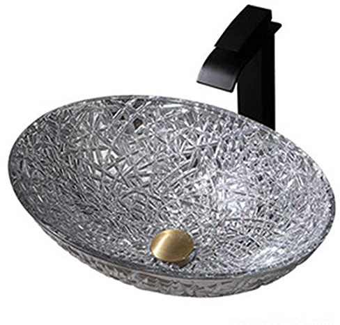 XYEJL Gehärtetes Glas Waschbecken Aufsatzwaschbecken Oval Aufsatz Waschschale Kristallkunst Handwaschbecken Mit Wasserfall Wasserhahn, Wasserablauf Und Montage Ring,Silver
