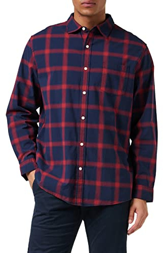Amazon Essentials Camicia in Popeline Elasticizzato A Manica Lunga dalla vestibilità Regolare Uomo, Blu Marino Rosso Buffalo Plaid, XL
