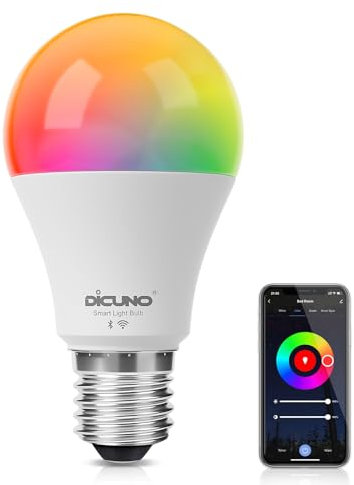 DiCUNO Lampadine Wi-Fi LED Inteligente E27, Lampadine Intelligenti con Alexa e Google Home, 9W Dimmerabile Multicolore 2700K-5000K RGBCW, 800LM Equivalente 60W, Nessun Hub Richiesto, 1 Pezzi