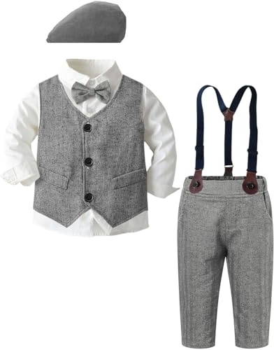 SANGTREE Set di vestiti formali per bambini e ragazzi, camicia con papillon, berretto, cappello, bretelle, pantaloni, set da 3 mesi a 9 anni, Cappello - Grigio, 6-7 anni