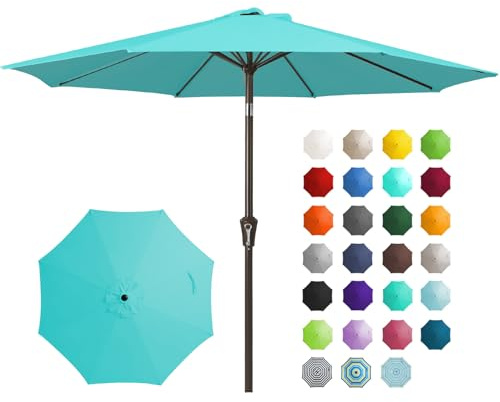 JEAREY 9FT Outdoor Patio Umbrella Outdoor Table Umbrella with Push Button Tilt and Crank, Market Umbrella 8 Sturdy Ribs UV Protection Waterproof for Garden, Deck, Backyard, Pool (Peacock Blue)