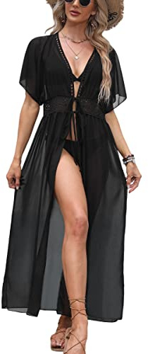 Codkkre Strandklänning dam kimono lång strand döljer chiffong bikinitröjor täcka upp sexig strand bikini täcka upp, svart, M