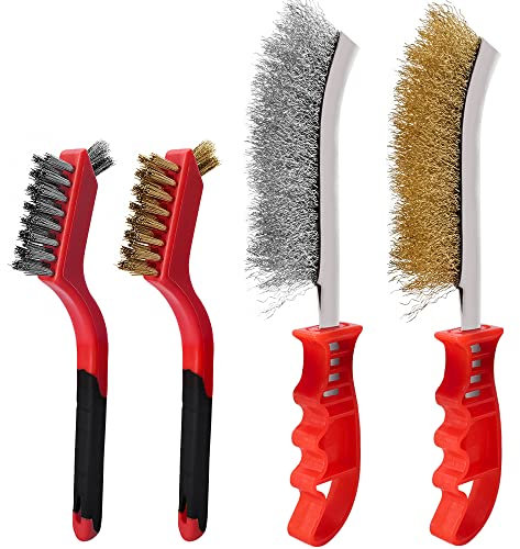 MIVITOOM Hand Wire Brush Set 4 Pcs with Stainless Steel Brush and Brass Brush,Wire Brush for Cleaning Rust, Paint and Welding Slag (2 Big,2 Small)
