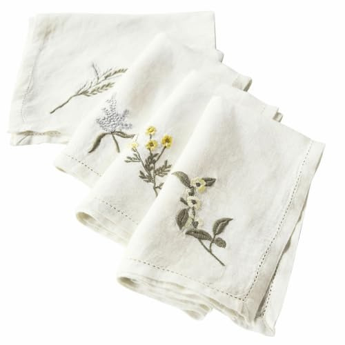 LOBERON Serviette 4er Set Lentilly, weiß/bunt | handbestickt mit Blumen- und Pflanzenmotiven, reizende Lochstickerei am Saum, Tischwäsche, Ostern, Ostertextilien, Leinen
