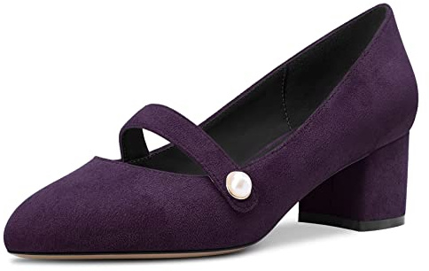NobleOnly Damen Geschlossene Runde Zehenkappe Mittlerem Chunky Blockabsatz Absatz Heel Mary Jane Pumps Cute Dress Büroschuhe Party Schuhe 5 cm Heels Violett Wildleder A 42 EU