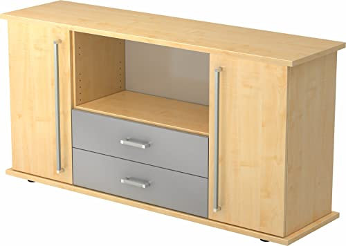 bümö Sideboard Ahorn mit Flügeltüren & Regal - Büromöbel Sideboard mit Schubladen Holz 166cm breit, 45cm schmal, Büro Schrank für Flur oder als Wohnzimmer-Kommode mit Chromgriff