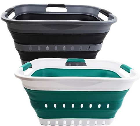 SAMMART 2er-Set - 30L zusammenklappbarer Kunststoff-Wäschekorb - Faltbarer Pop-Up-Aufbewahrungsbehälter/Organizer - Platzsparender Wäschekorb/Korb (2, Schwarz+Dunkelgrün)