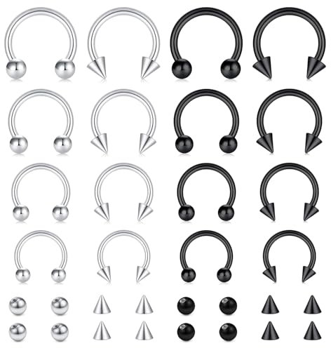 VF VFUN 16G Septum Piercing Hufeisen Ringe Edelstahl Nasenring 6/8/10/12mm Lippenpiercing Tragus Helix Piercing Schmuck für Frauen Männer Silber & Schwarz