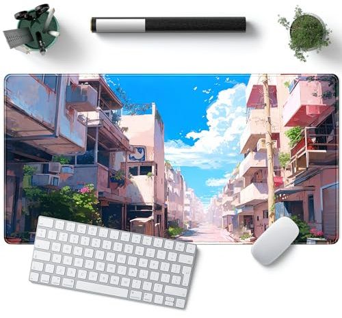 Japanese Anime XL Green Gaming Mouse Mat w/ Blue Sky Theme - 31.5x15.8in, Cute Desk Mat for Full Desk