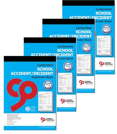 Cherry Printers | Carbonless NCR | School Accident/Incident | Duplicate Book | for Pupils | GDPR Compliant | A5 (148 x 210 millimetres) | Loose Leaf Writing Shield | 50 Sets per Book | **4 Pack**