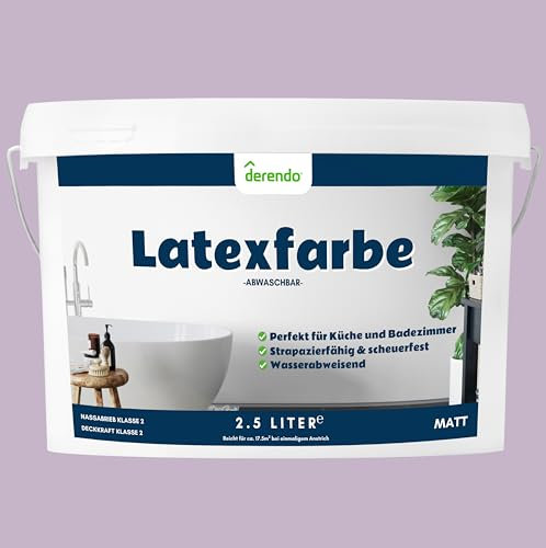 derendo Latexfarbe lila flieder matt abwaschbar 2.5 Liter für Innen Küche Badezimmer streichen Wandfarbe hohe Deckkraft 2,5l