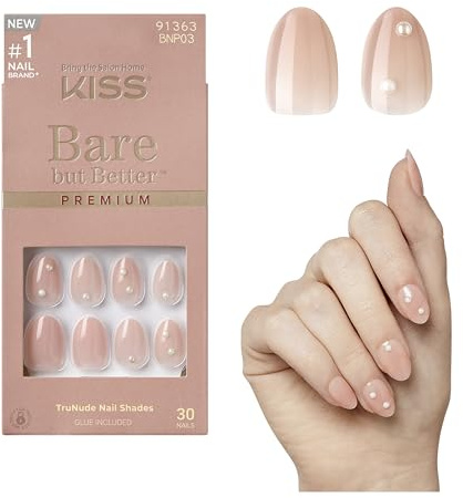 KISS Bare-But-Better Premium Press On Nägel - Slay nude Kurze Mandel Coffin Form mit Glitzersteinen - 30 Press On Kunst-Nägel zum Aufkleben DIY, 2g Nagelkleber, 1 Maniküre-Stäbchen, 1 Mini-Feile
