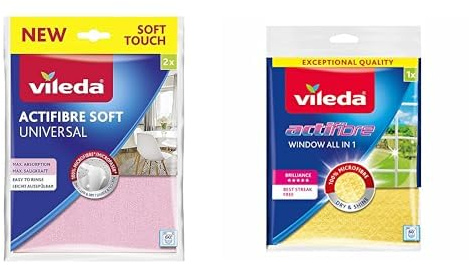 Vileda Actifibre Soft Universale, Panno in microfibra, Pulizia senza aloni, Eccezionale assorbenza & Actifibre Vetri e Finestre 36x32cm 1pz Panno, Fibre, Giallo, 0,7x18,5x25 cm