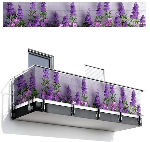 MuchoWow© Sichtschutz/Balkon Einseitig Groß PVC Terrassen Garten ohne | 90x500 cm - bohren Wetterfest Gartenzaun Terrasse Balkonschutz Garten Deco Balkonomrandung Blumen - Violett - Steinoptik