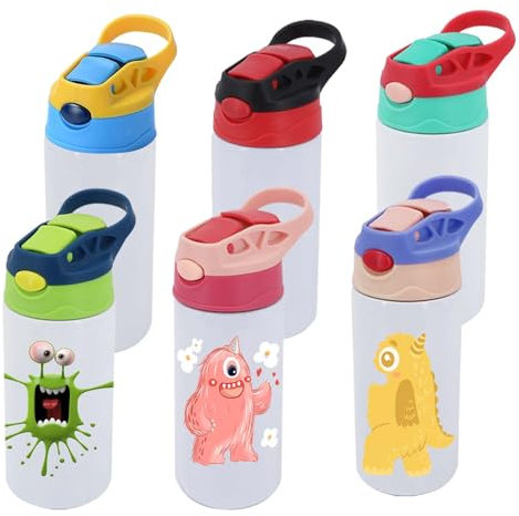 HIZEE Sublimationsbecher, 340 ml, 6 Stück, Sublimations-Trinkhalm, Schnabeltasse, blanko, mit Ein-Klick-Pop-Up-Strohhalm und Griff, auslaufsichere Edelstahl-Thermosflaschen für Schule, Milch, Limo,
