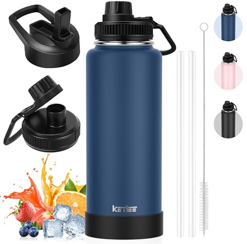 Thermobecher Kaffeebecher to Go 40oz, KETIEE Trinkflasche Edelstahl 1L Trinkflasche Sport mit Strohhalm 2 Deckel Auslaufsichere Wasserflasche BPA-Frei Thermosflasche Kaffeebecher Thermo, Marineblau