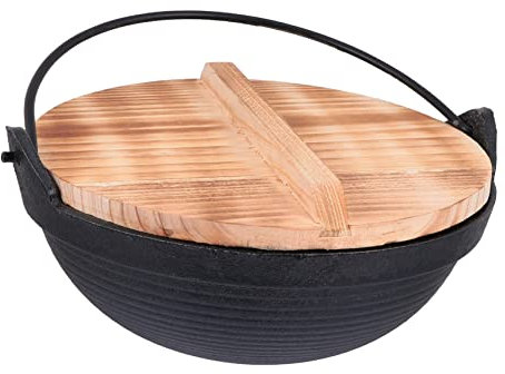 Cabilock Gusseisen Campingtopf Hängender Sukiyaki Topf 20cm Mit Holzdeckel Outdoor Wanderkochgeschirr Hochtemperaturbeständig Tragbar