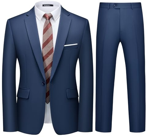 WULFUL Men's 2 Piece Slim Fit Suit Set One Button Blazer Jacket Pants Tuxedo Set for Party, Wedding and Business Navy