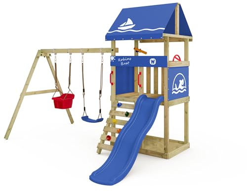 Wickey Parco giochi DinkyHouse con estensione dell'altalena - con scivolo & telone blu - Torre di arrampicata per bambini per il giardino in legno massiccio - 303x317x247 cm