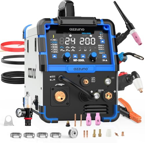 AZZUNO 200A Plasma Cutter Welder Combo, 9 in 1 Multiprocess Welder Machine Gas MIG/PULSE MIG/MAG/Flux Gasless MIG/Spool Gun Compatible/HF TIG/Stick/CUT/SPOT MIG, 110/220V Aluminum MIG Welding Machine