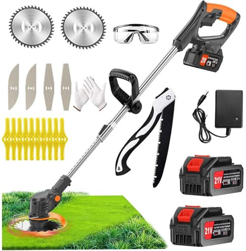 Decespugliatore a Batteria,Tagliabordi a Batteria 21V Decespugliatore Elettrico, con 3 Tipi di Lame, Testata Regolabile e Maniglia Telescopica