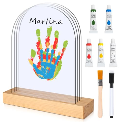 TOGOU2S Kit Impronte Mani Famiglia 4 Pannelli In Plexiglas In 5 Colori Base In Legno, Impronta Mani e Piedi Neonati Ideale per Regalo Neonato, Regalo Battesimo, Nuovi Genitori