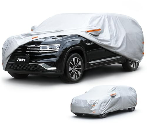 FWNT Housse de Protection SUV 4 Saisons - Bâche Extérieur Étanche, Respirante et Protection Solaire avec Zip et Doublure en Coton pour 4x4 et SUV (Jusqu'à 460 cm) - Argenté