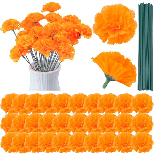 QCYFJZFU Lot de 30 fleurs de calendula artificielles en soie orange avec tiges en fer pour décoration de Diwali, fête d'Halloween, guirlande de fête des morts, décoration de mariage