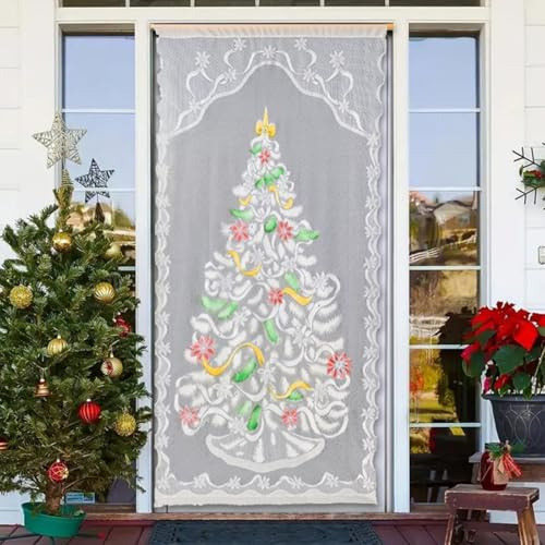 champracer Weihnachten Vorhänge Tür Scheibengardine Weihnachtsmann Gardine Spitze französischer Türvorhang Fensterschal für Schlafzimmer Wohnzimmer Küchengardinen Balkontür (A)