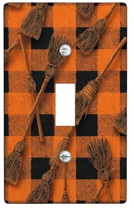 Halloween Broom Light Switch Cover Plates, Orange and Black Checkered Design for Festive Decor, Thermoplastic, Standard Size 3 Gang Wall Plate