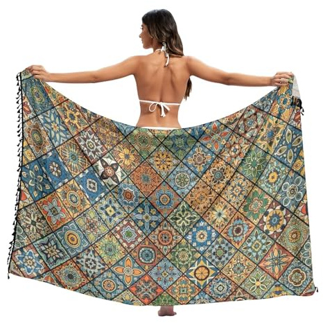 Vintage plädar sarong coverups kvinnor badkläder, tofs sarong wrap för sommarpool/strand, stor, Vintage plädar, L