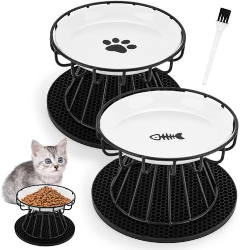 Set di 2 Ciotole per Gatti in Ceramica Con Supporto e Pad Antiscivolo Spazzola per la pulizia,Ciotola di Gatto Protezione Cervicale,Facili da Pulire,per Cibo e Acqua,Ideali per Gli Amanti Dei Felini