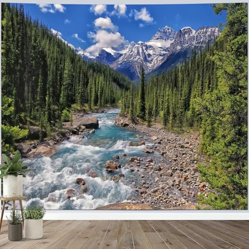 Calefee Wandteppich Klein Natur 150x130, Wandteppich Wald Fluss Berge Frühling Landschaft, Wandbehang Dekoration für Wohnzimmer