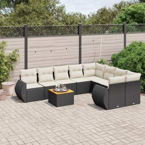 QJBSAVVA 9tlg Balkonmöbel-Set Schwarz Poly-Rattan 62x62x69 cm mit Akazie-Tisch, modulare Outdoor-Lounge