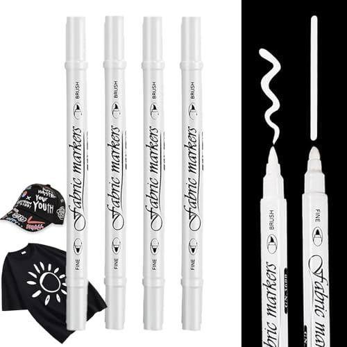 Hyleara 4 Stück Weiß Textilstifte Waschmaschinenfest 1-5mm, Textilmarker Waschmaschinenfest mit Doppelspitze, Textilfarbe Weiß, Stoffmalstifte Waschfest für Textilien Schuhe T-Shirts Hut Taschen