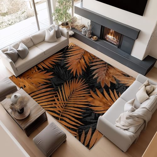 Générique Tapis Salon Tropical pour Salle À Manger Cuisine Chambre Adulte Et Ado & Maison 160 X 230 Cm - Feuilles Palmier Tapis Poil Ras Doux Lavable Anti-Dérapant Or