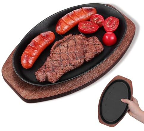 VALICLUD Sartén para Bistec de Hierro Fundido de 10 Pulgadas con Base de Madera, Sartén para Carne Parrilla, Plato para Freír Uniforme, Adecuado para Cocina Casera y Restaurante