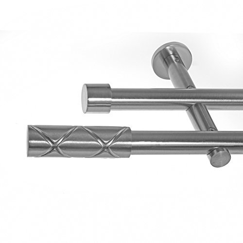 BASIT Gardinenstange 2 läufig 240cm lang Edelstahl Look I Gardinenstange doppelläufig Wandmontage Ø19mm mit Zylinder I In 120-600cm verfügbar H29