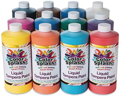 S&S Worldwide Color Splash! Liquid Tempera Bulk Paint, Set of 12 in 11 Bright Colors, 32-oz Easy-Pour Bottles, Great for Arts & Crafts, School, Classroom, Poster Paint, For Kids & Adults, Non-Toxic.