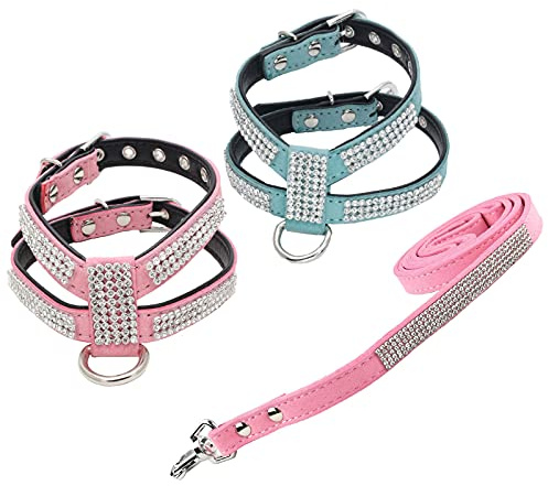 Newtensina Mode 3 Stück Welpen Geschirr und Leine Set Niedlich Mädchen Bling Hundegeschirr mit Diamant und Bling Leine für Klein Hunde