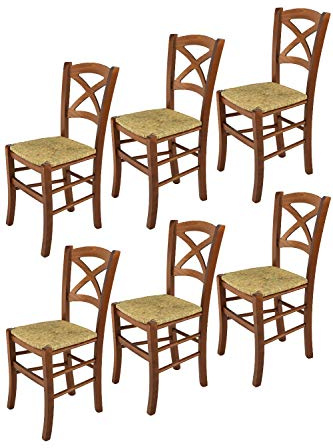 t m c s Tommychairs - 6er Set Stühle Cross für Küche und Esszimmer, Robuste Struktur aus lackiertem Buchenholz im Farbton Helles Nussbraun und Sitzfläche aus Stroh
