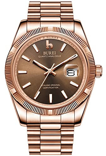 BUREI männer Uhren Luxus analog Quarz Armbanduhr Rosegold dial datumsanzeige saphirglas objektiv mit Rose Gold Edelstahl Band