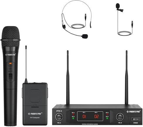 Phenyx pro Drahtloses Mikrofonsystem, schnurloses UKW-Mikrofonset mit 1 Handheld + 1 Headset + 1 Revers + 1 Bodypack, stabiles Signal, große Reichweite, bestens für Präsentationen (PTV-1B)