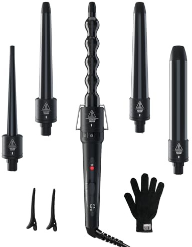 5 in 1 Curling Wand Set, Ohuhu Ceramic Barrels Hair Curler (9-32mm) | Dual Voltage, Heats in 30 Second, 356-410°F Adjustable, Travel-friendly, Lightweight, 2 Clips & Heat Glove, Gift for Women