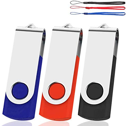 USB Memory Stick 64GB 3 Pack USB2.0 Thumb Pen Drive Swivel Design Fold Storage (Black/Blue/Red With Lanyard) | Thumb Pen Drive Swivel Design Fold Storage