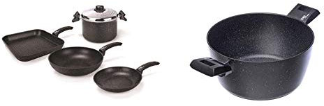 Moneta Etnea Batteria Smart Set da 5 Pezzi, Padella 24 cm, Wok 28 cm, Bistecchiera 28 x 28 cm, Pastaiola 22 cm con Coperchio & Etnea Casseruola, 2 Manici, 20 cm
