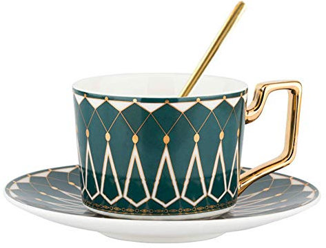 Bone China Coffee Cup Set English Afternoon Tea Sets 220ml Black Tea Mugs with Spoon English Tea Set-Green