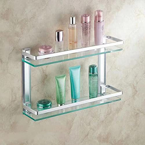 PORTE ITALIANE, Mensola per Bagno, 2 Ripiani in Vetro Temperato da 8mm e Barra in Alluminio, Fino a 5 kg di Peso per Ripiano, 28x29x12 cm, Argento